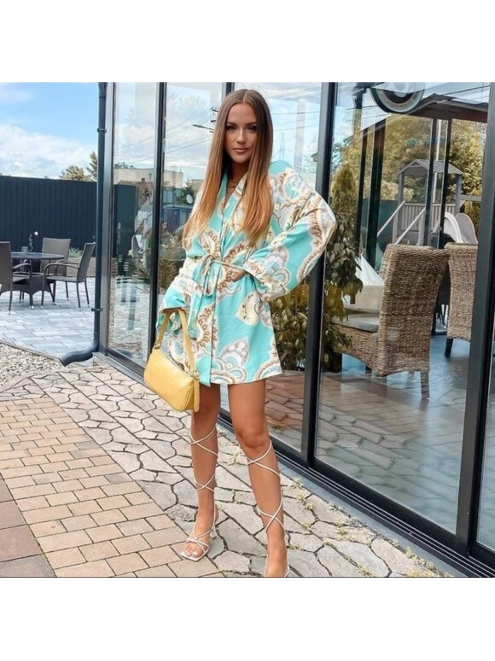 Zara Aqua Paisley Tie-Waist Mini Dress with Gold Accents